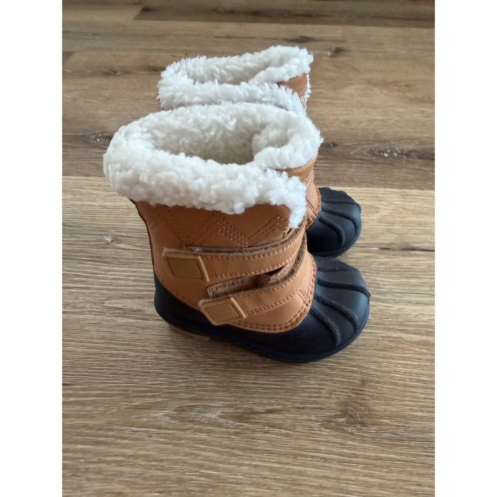 Cat & Jack Winter Duck Boots Toddler 5 Tan Black Faux Shearling Hook Loop Straps